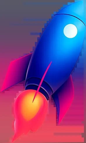 Blue and pink rocket ship launching with glowing flame exhaust against gradient purple background
